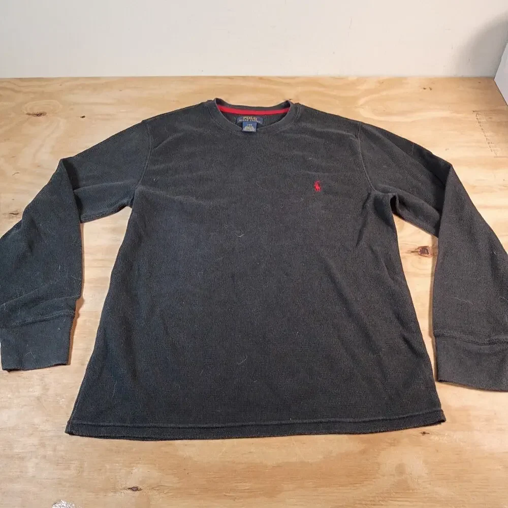 Polo Ralph Lauren Mens L Black Thermal Waffle Knit Long Sleeve Shirt Red Pony